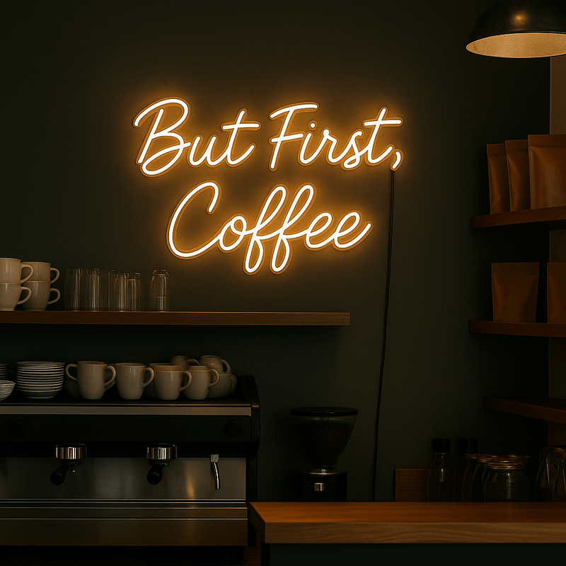 Neon Schild „But First, Coffee“
